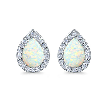 Halo Pear Stud Earrings Lab Created White Opal Simulated CZ 925 Sterling Silver (11mm)